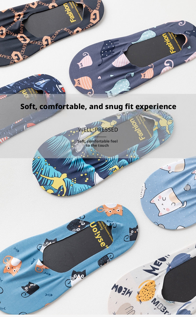 Men’s Summer Ice Silk No Show Socks,Cute Cartoon Printed Invisible Low Cut Boat Socks,Non Slip Heel Grip Breathable Thin Socks