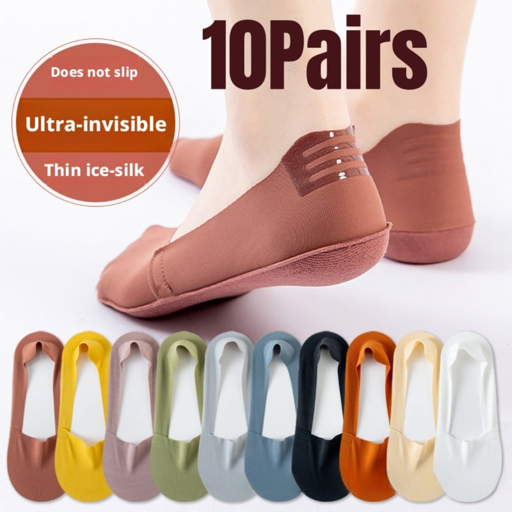 This bundle contains 4 styles of socks:                                            ✅10 Pairs Ice Silk Invisible Socks ✅6 Pairs Cotton Invisible Socks       ✅12 Pairs Short Tube Socks       ✅10 Pairs Anti-slip Black Silk  Socks