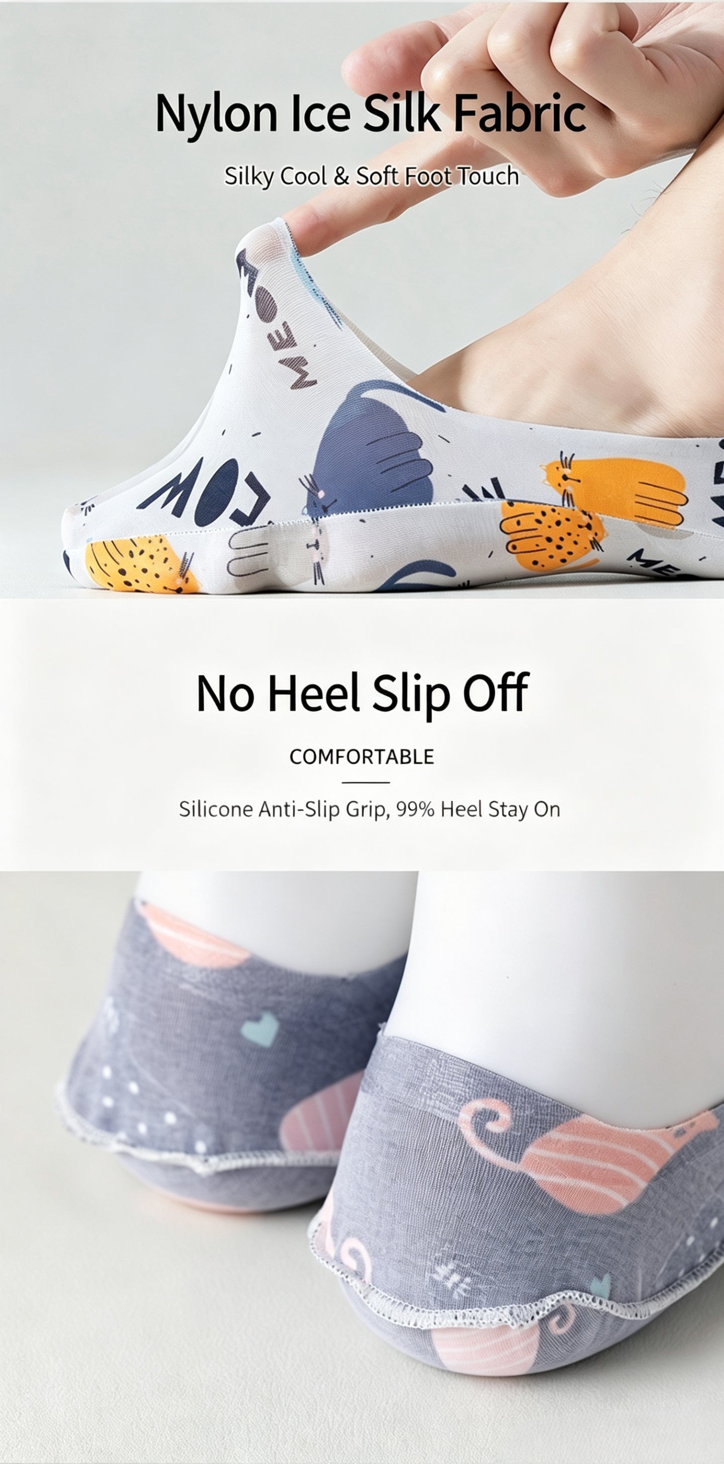 Men’s Summer Ice Silk No Show Socks,Cute Cartoon Printed Invisible Low Cut Boat Socks,Non Slip Heel Grip Breathable Thin Socks