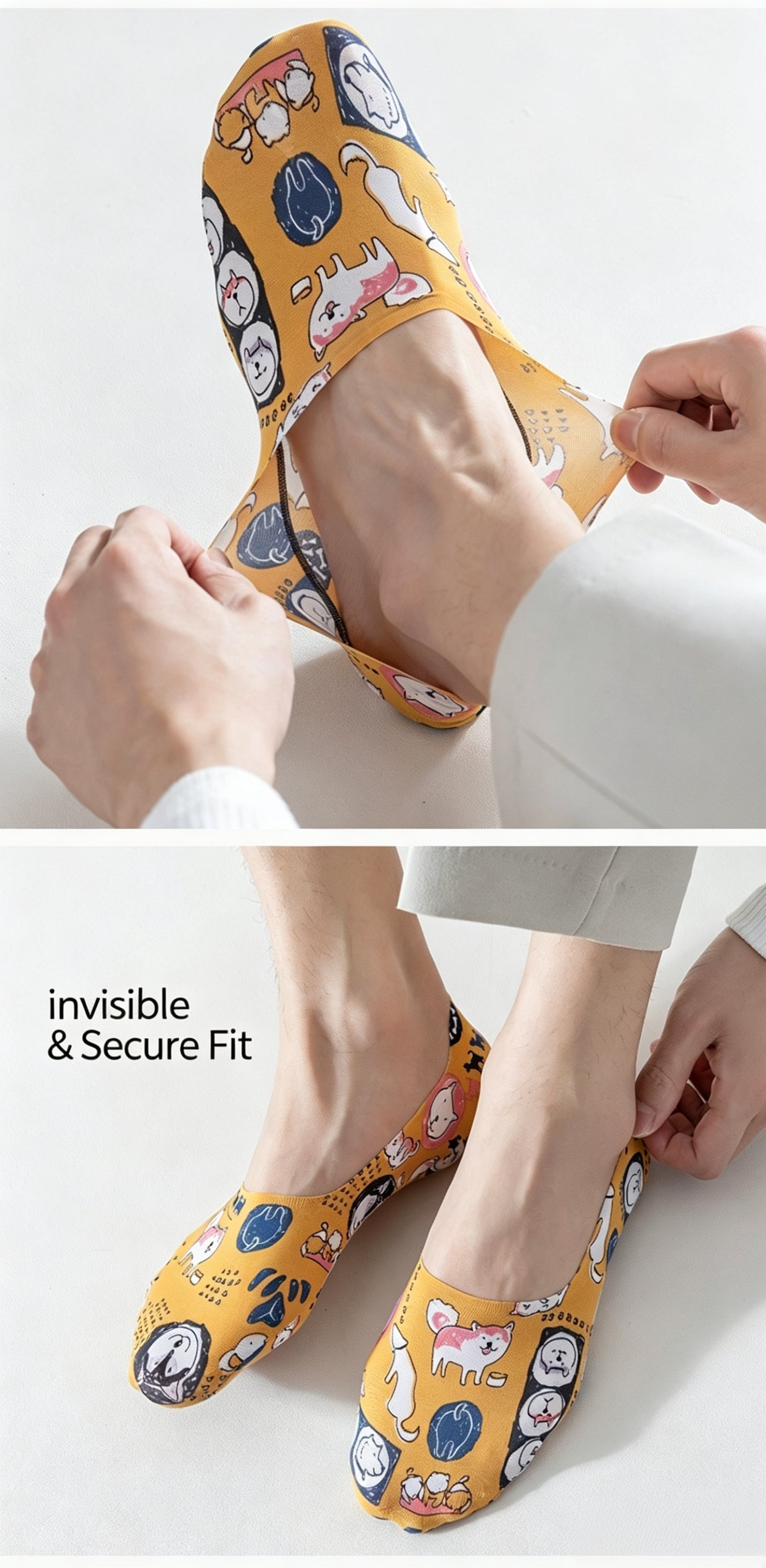 Men’s Summer Ice Silk No Show Socks,Cute Cartoon Printed Invisible Low Cut Boat Socks,Non Slip Heel Grip Breathable Thin Socks