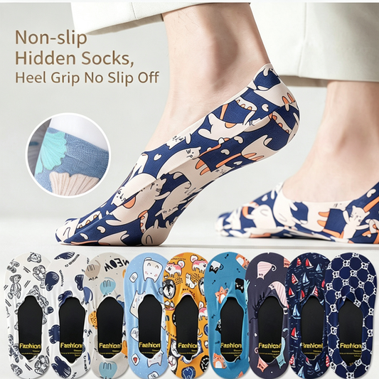 Men’s Summer Ice Silk No Show Socks,Cute Cartoon Printed Invisible Low Cut Boat Socks,Non Slip Heel Grip Breathable Thin Socks