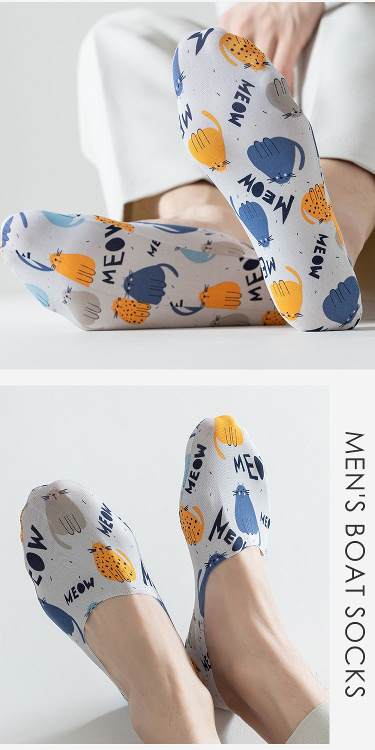 Men’s Summer Ice Silk No Show Socks,Cute Cartoon Printed Invisible Low Cut Boat Socks,Non Slip Heel Grip Breathable Thin Socks