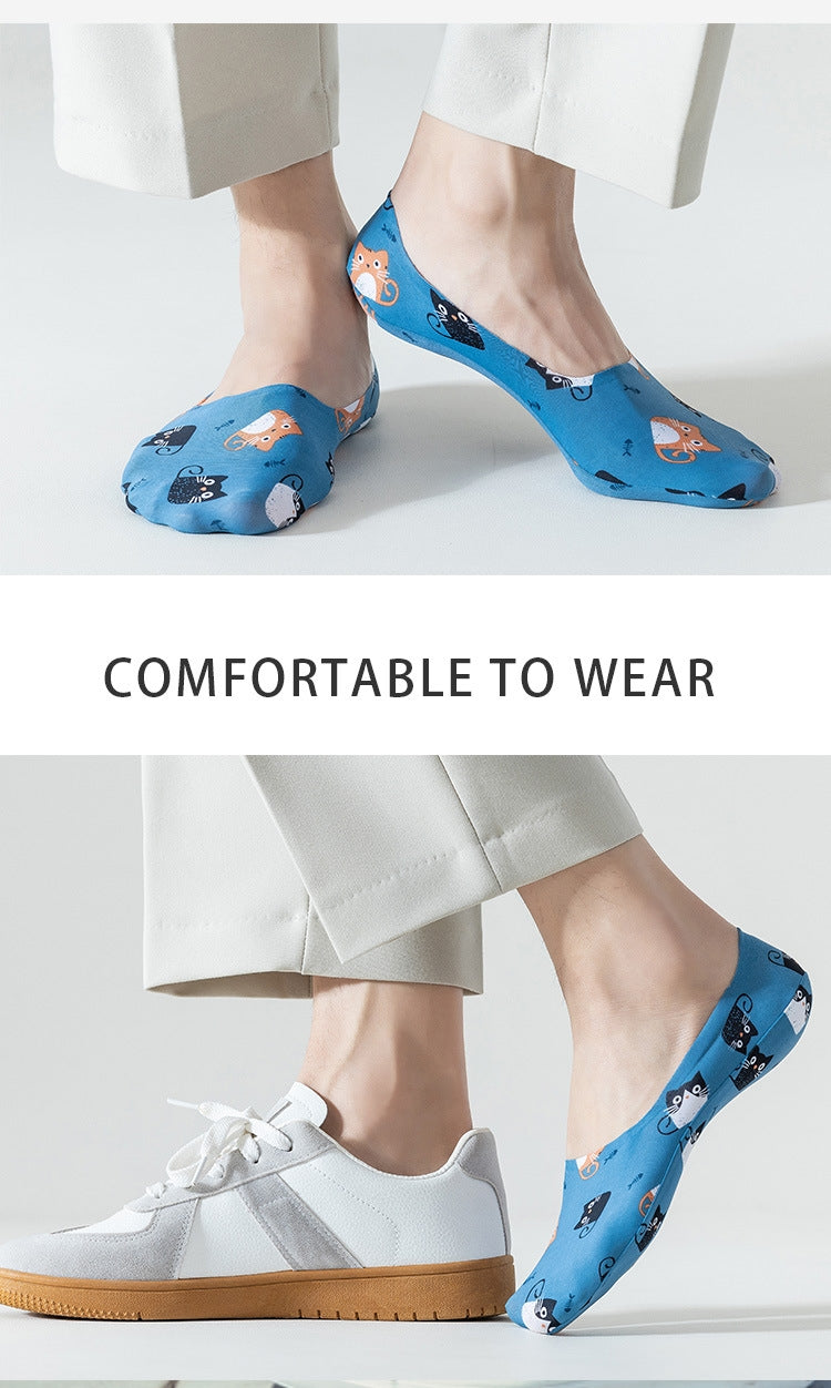 Men’s Summer Ice Silk No Show Socks,Cute Cartoon Printed Invisible Low Cut Boat Socks,Non Slip Heel Grip Breathable Thin Socks