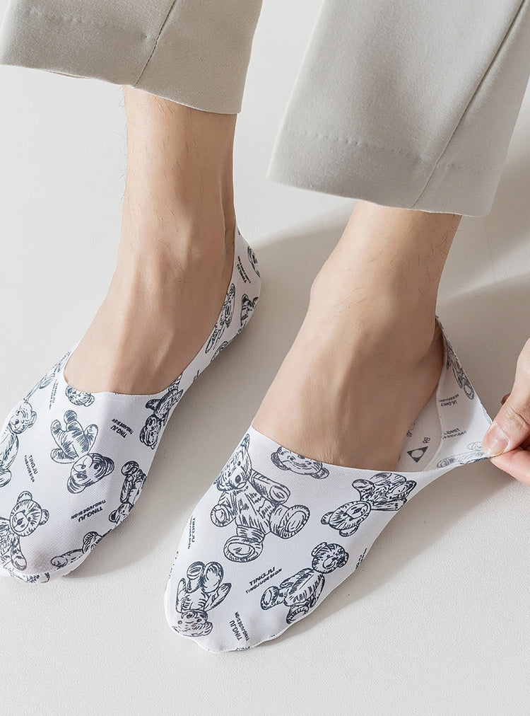 Men’s Summer Ice Silk No Show Socks,Cute Cartoon Printed Invisible Low Cut Boat Socks,Non Slip Heel Grip Breathable Thin Socks