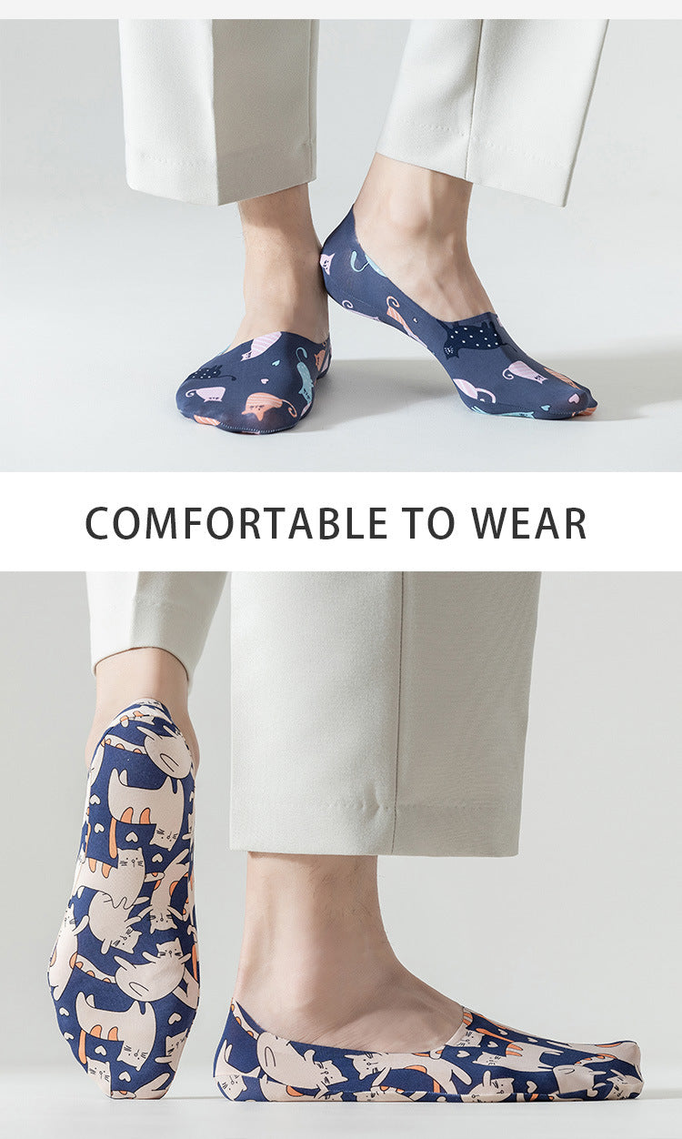 Men’s Summer Ice Silk No Show Socks,Cute Cartoon Printed Invisible Low Cut Boat Socks,Non Slip Heel Grip Breathable Thin Socks